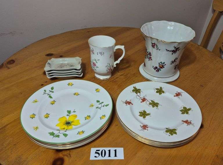 Eight different bone china plates, mug, vase, ashtrays