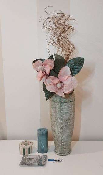 Vase with artificial flowers, candle, Dezine resin trinket box, metal leaf candle holder