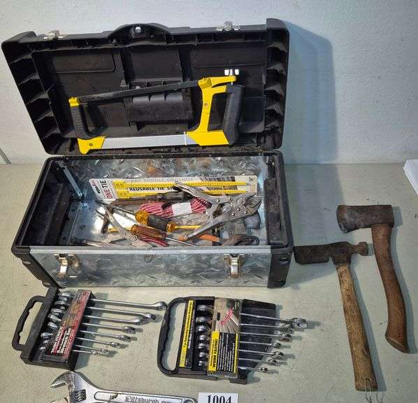 Tool box, hand tools including wrench sets, crescent wrench, hacksaws, hatchets, Vise grips, Etc