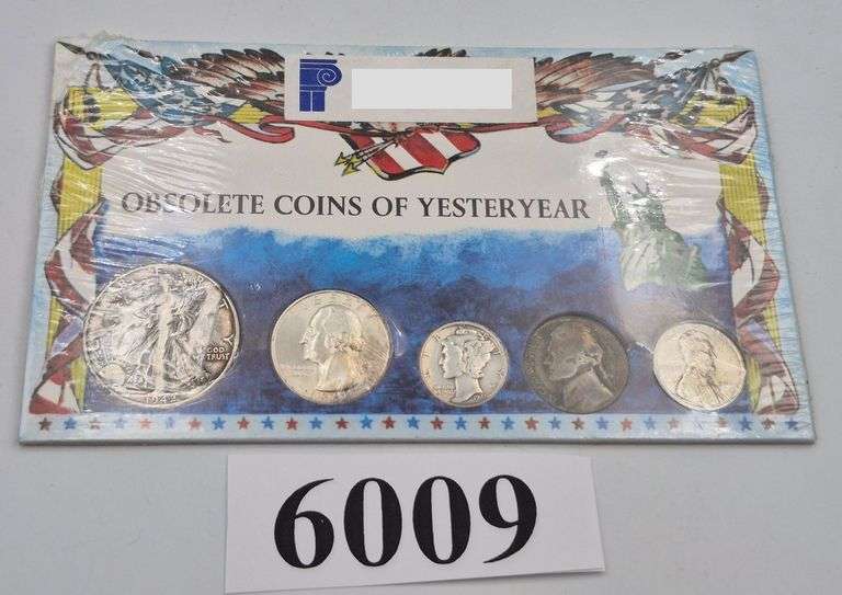 Obsolete coins of yesteryear set including 1942 Walking Liberty half, 1964 Washington quarter, 1941 