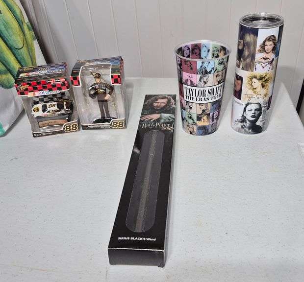 Taylor Swift cup and travel mug, Harry Potter wand, two NASCAR Christmas ornaments