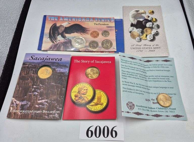 Three Sacagawea coins in packaging, Americana president coins set, history of the mint booklet