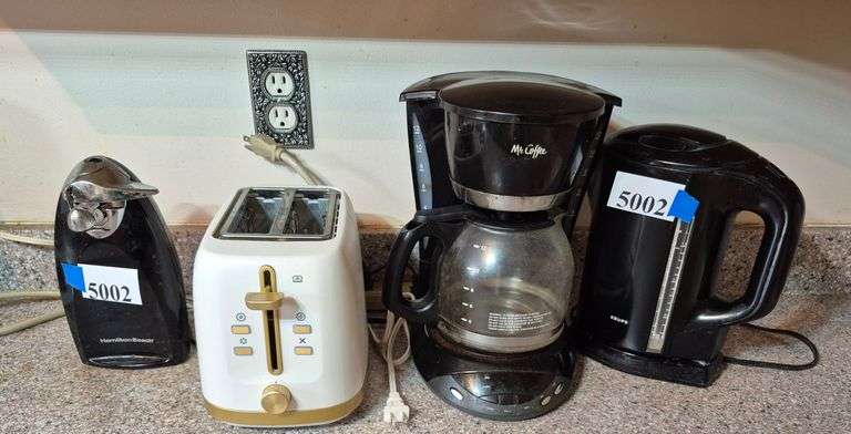 Electric can opener, two-slice toaster, coffee maker, Krups electric kettle