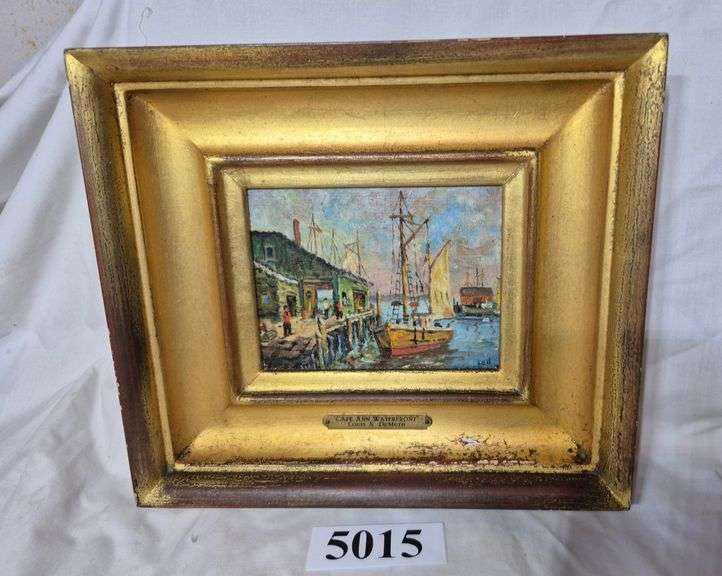 Small framed artist signed Cape Ann Waterfront painting on board by Louis A. DeMuth