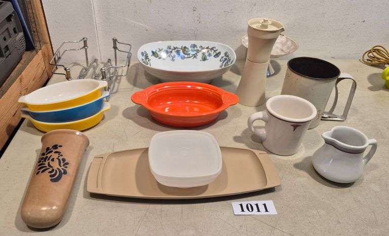Noritake bowl, Fiesta serving bowl, Pyrex serving bowls, Pfaltzgraff wall pocket, vintage tupperware