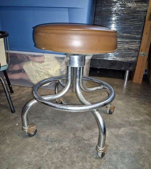 Vintage Adjustable height Chrome and brown round rolling stool
