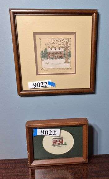 Small artist signed limited edition print, small framed needlepoint