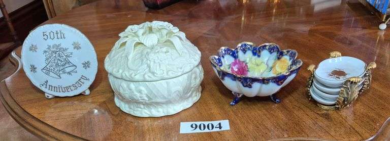 Covered dish, 3-footed hand-painted bowl, nut dishes in metal holder, 50th Anniversary vase