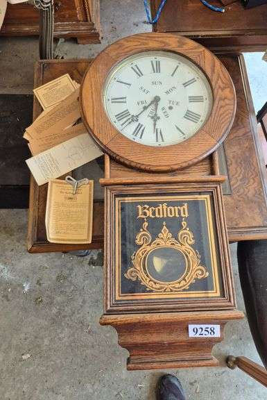 Large Bedford oak case wall hanging regulator Style clock with pendulum, key, instructions, Etc