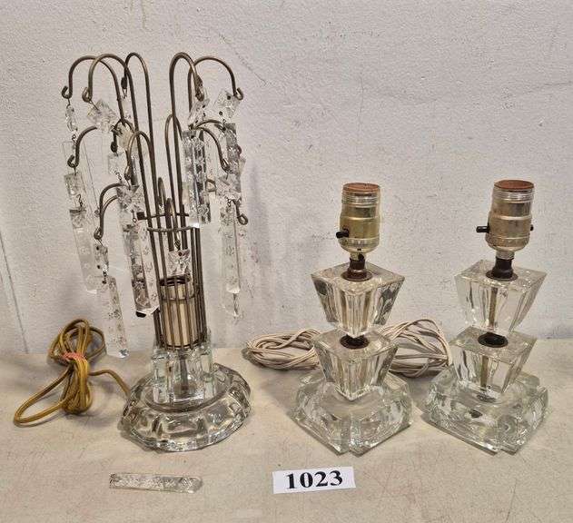Pair of vintage glass dresser lamps, Glass Lamp with hanging prisms