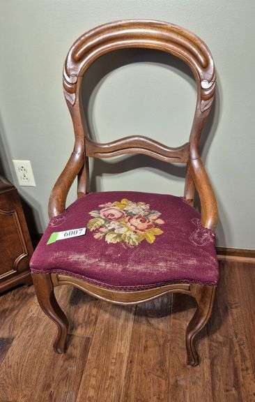 Victorian balloon-back parlor side chair with needlepoint seat