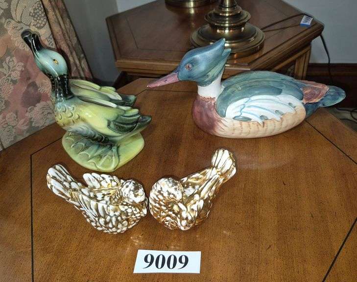 Hull art Pottery duck planter, white ceramic duck figurine, pair of gold ceramic bird figurines