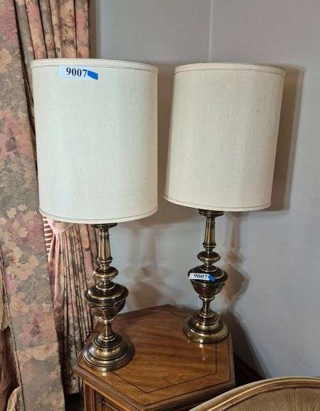 Pair of brass table lamps with shades