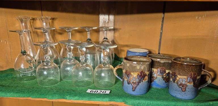 Studio pottery mugs, etched stemware, Bud vases, Etc
