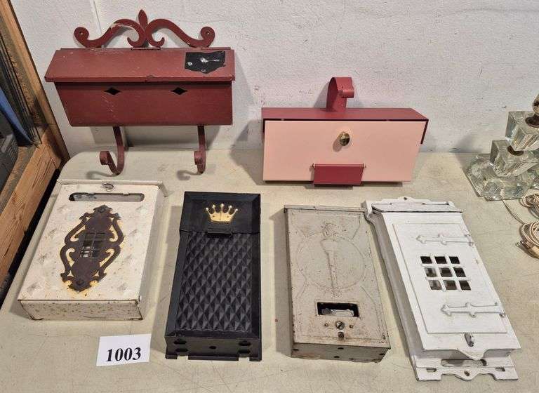 Vintage metal mailboxes including New Old Stock mid-century Leigh aristocrat