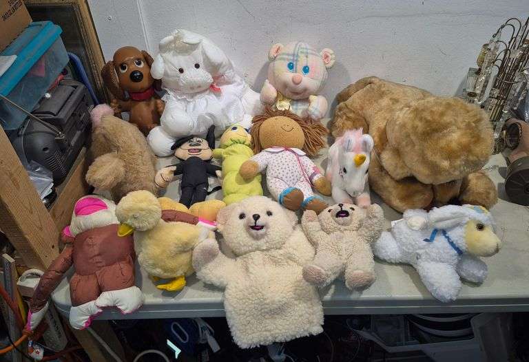 Plush animals including large vintage poodle, 2 wind up animals, puppet, Etc