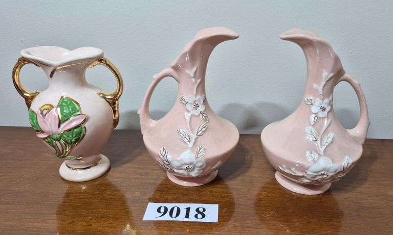 Three pink Hull art Pottery vases