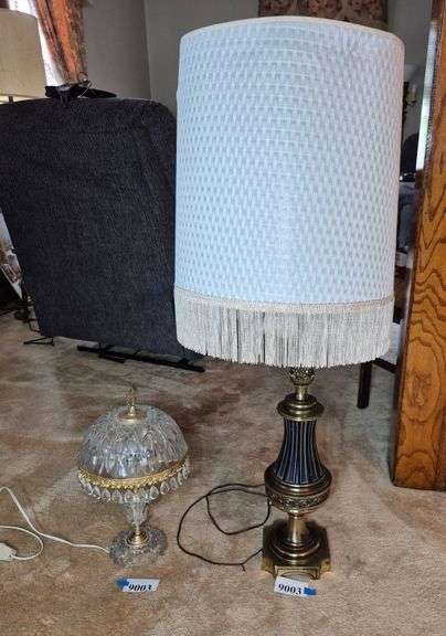 Brass table lamp with fringed shade, Glass Lamp with prisms
