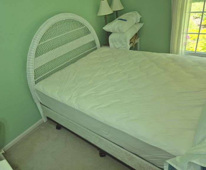 Queen sized wicker headboard, mattress, box spring, metal bed frame