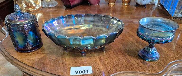 Carnival Glass centerpiece bowl, covered dish, compote