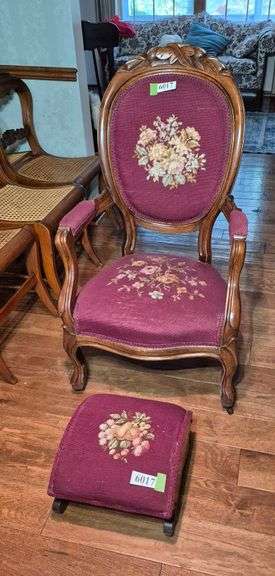 Antique Victorian parlor armchair with matching footstool
