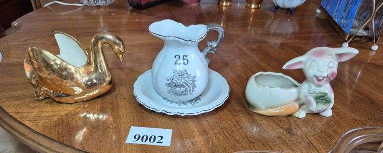 25th anniversary pitcher and bowl, Swan and pig figural planters