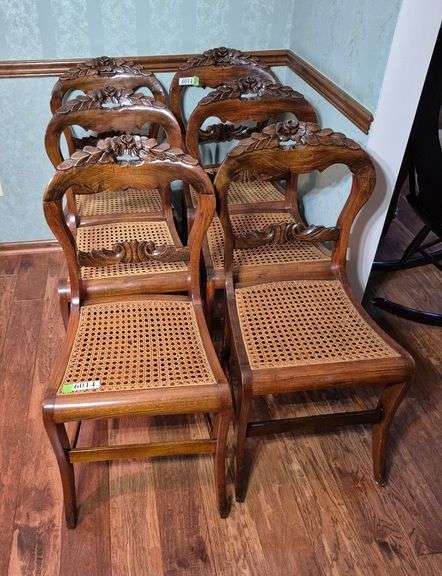 Set of six antique rose carved back cane seat dining chairs
