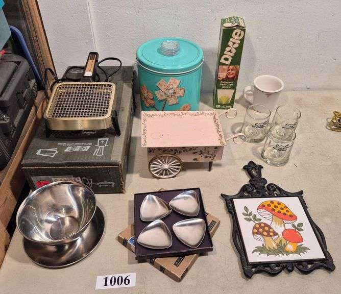 Vintage mid-century trivet, Krispy Kan canister, B.C. glasses, Infra-red defroster, etc
