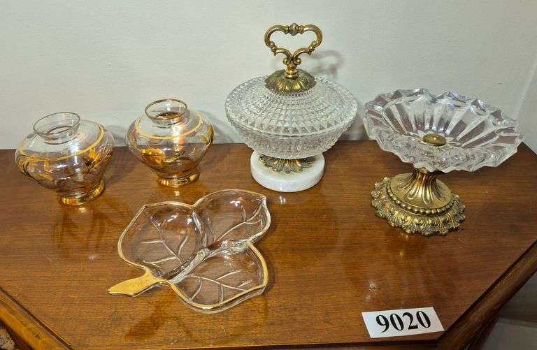 Metal and glass compote, covered dish with marble base, pair of gold decorated vases, gold decorated