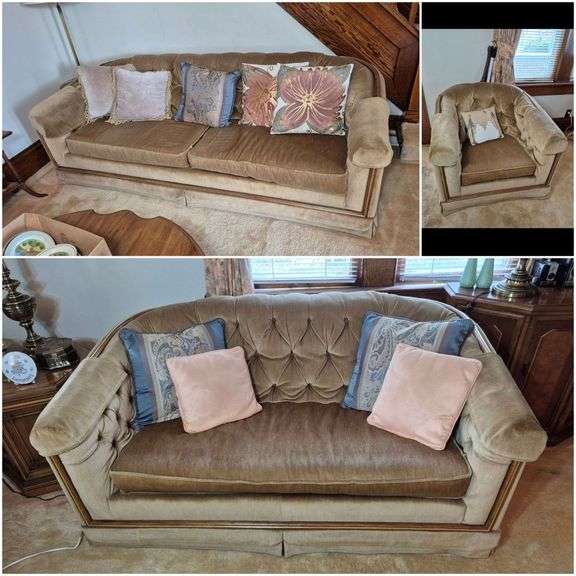Stratford beige wood trimmed sofa, loveseat, and armchair set with accent pillows.