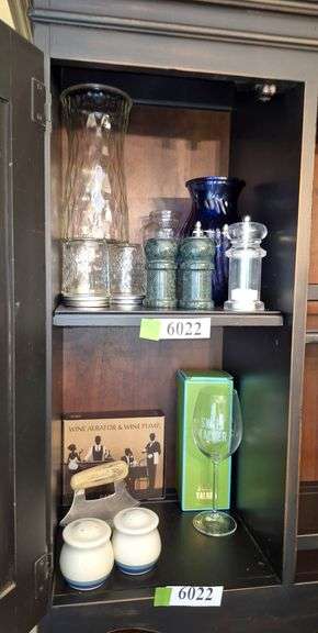 Shakers, vases, wine glass, Alaska knife and stand, wine aerator and pump, Etc