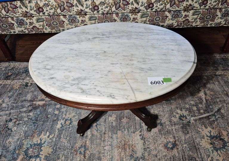 Antique oval coffee table with white marble top