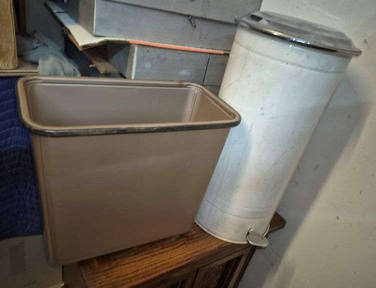 Vintage metal foot operated trash bin, metal trash can