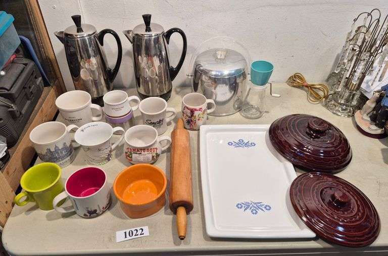 Two vintage coffee percolators, vintage ice bucket and chopper, Corning tray, wood rolling pin, Etc