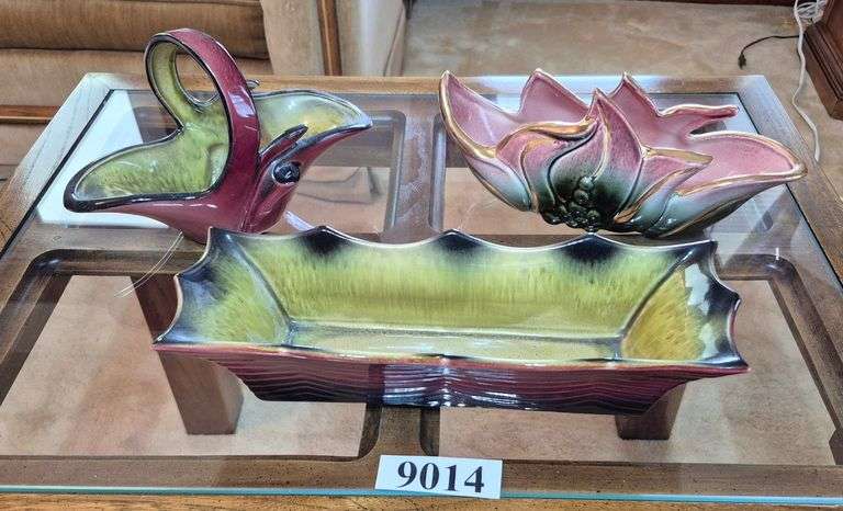 Three pottery planters, two are Hull