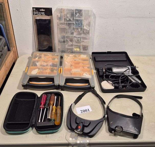 Hardware organizers, Electric components, tools, magnifying visors, Etc
