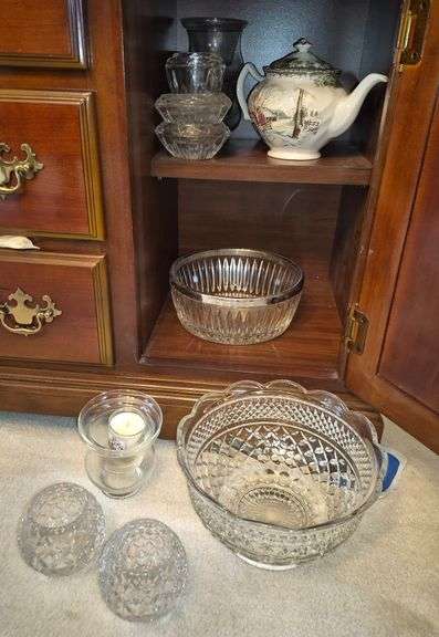 Johnson Bros. Friendly Village teapot, patterned glass bowls, candle holders, Etc