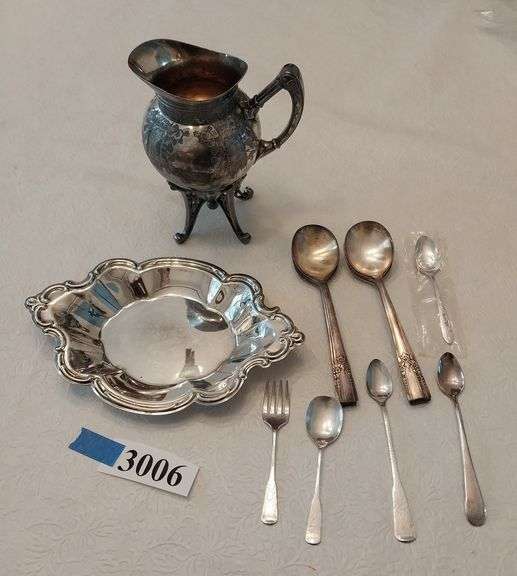 Silverplate tray, pitcher, spoons, fork
