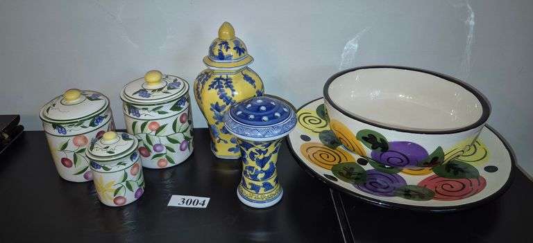 Ceramic canisters, ginger jar, bowl & underplate, hat pin holder, square bowl