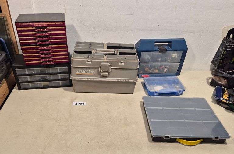 Electronic parts, hex wrenches, drill bits, organizers, tackle box, Etc
