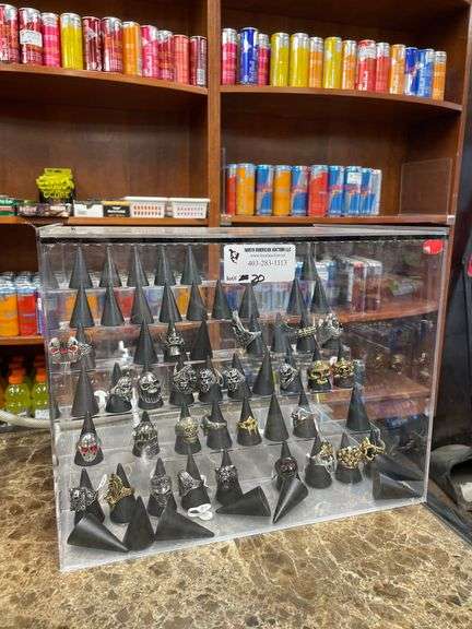 SMALL PLASTIC DISPLAY CASE WITH ASSORT. SIZE MENS RINGS