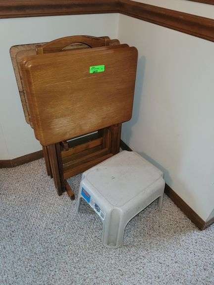 Set of 4 Wood TV Tray Tables and Step Stool