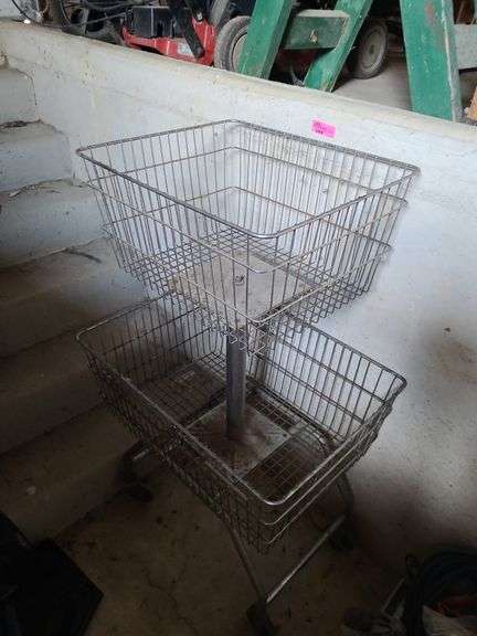 Rolling Metal Wire Basket Stand in Barn