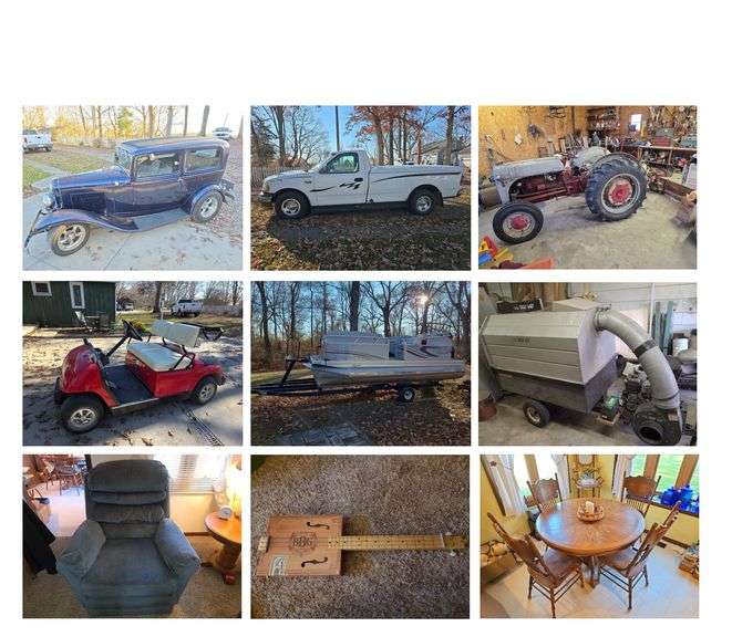 1932 Ford Sedan, 2003 Ford F150, 2018 Pontoon, 1996 Yamaha Gas Golf Cart, Vintage Ford Harvester, Tools, Antiques, Household and More