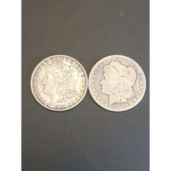 US Mint Morgan Silver Dollars, 1884 P & 1885 P, Silver, Circulated Condition