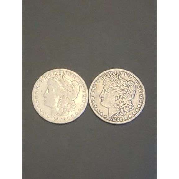 Morgan Silver Dollars, 1886 O, 1888 P, US Currency, 90% Silver