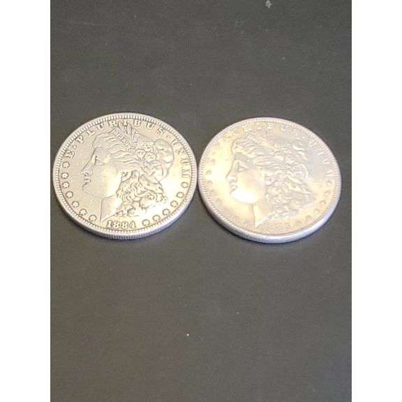 United States Mint Morgan Silver Dollars - 1884 P, 1885 P - Two Coin Set, Silver Toned