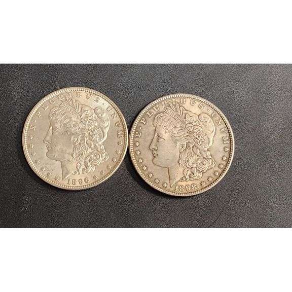 United States Mint 1896 & 1898 Morgan Silver Dollars - P Mint Mark, 90% Silver, Circulated Condition