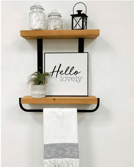Bid x 79 NEW IN BOX S-2TR20L-TB - Rustic Industrial 20inch Light Wood 2-tier Floating Shelf with Towel Bar