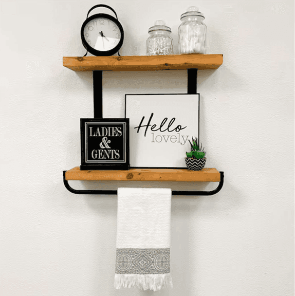 Bid x 9 NEW IN BOX S-2TR24L-TB - Rustic Industrial 24inch Light Wood 2-tier Floating Shelf with Towel Bar
